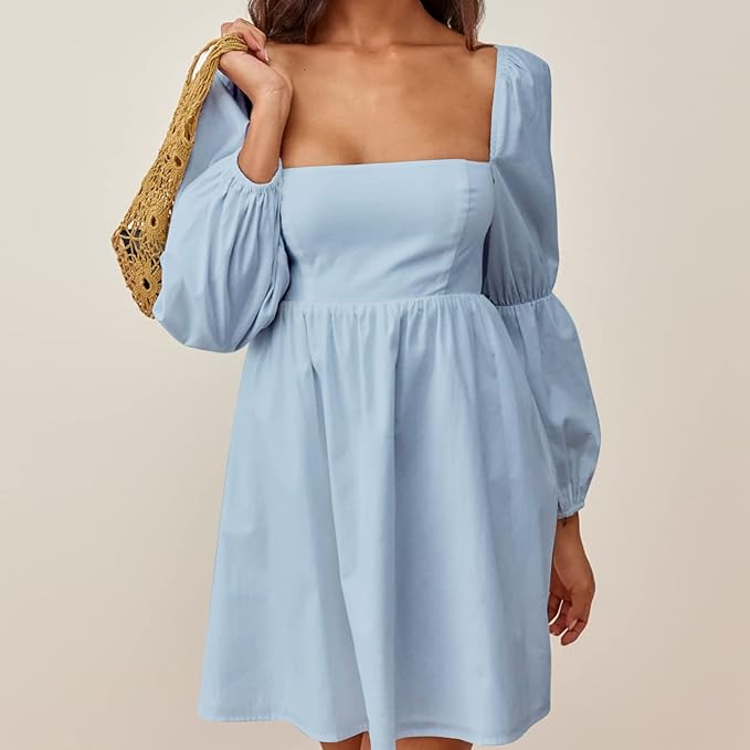 Blue Long Puff Sleeve A-Line Dress RO29 - Image 2
