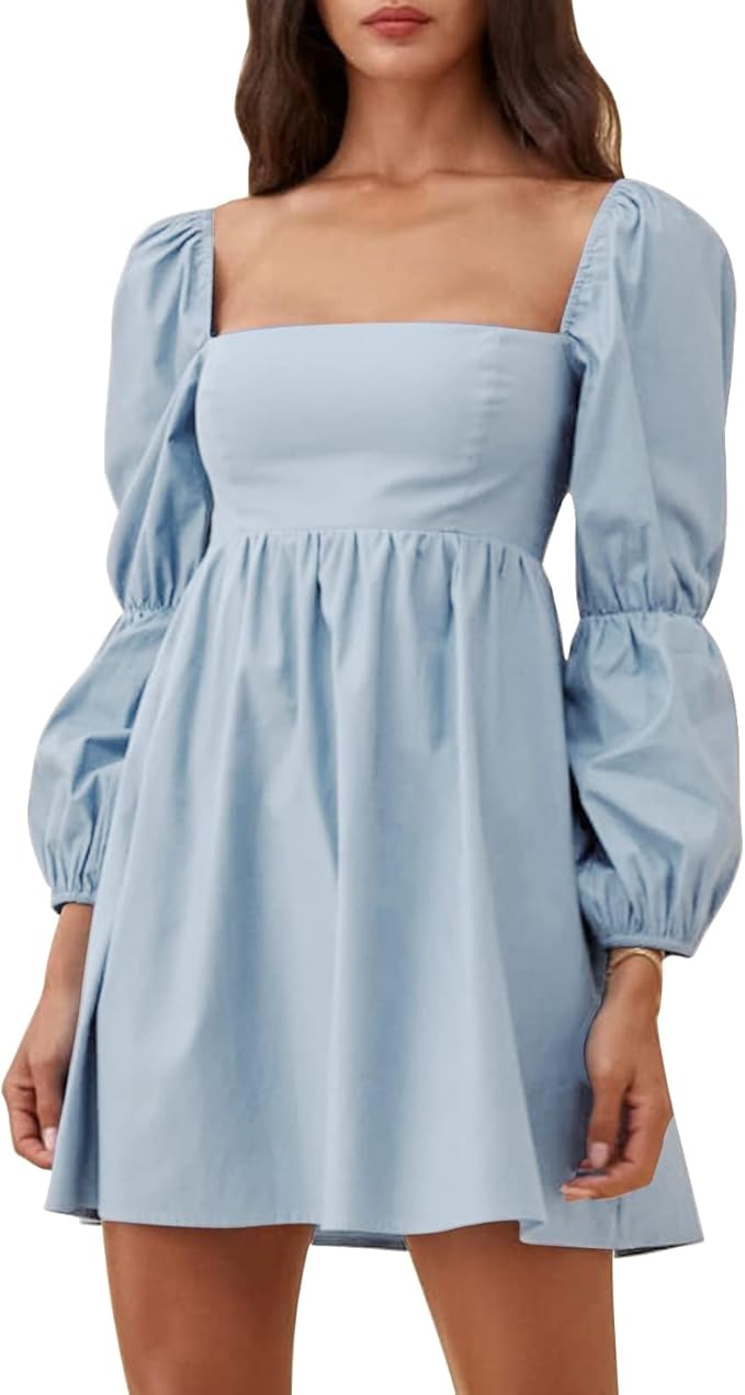 Blue Long Puff Sleeve A-Line Dress RO29