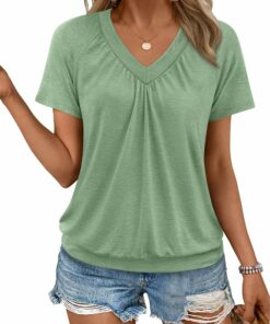 Green Short Sleeve V Neck Top RO48