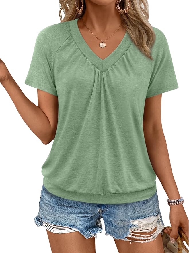 Green Short Sleeve V Neck Top RO48