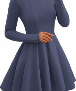 Grey Blue High Waist Pleated Dress RO40