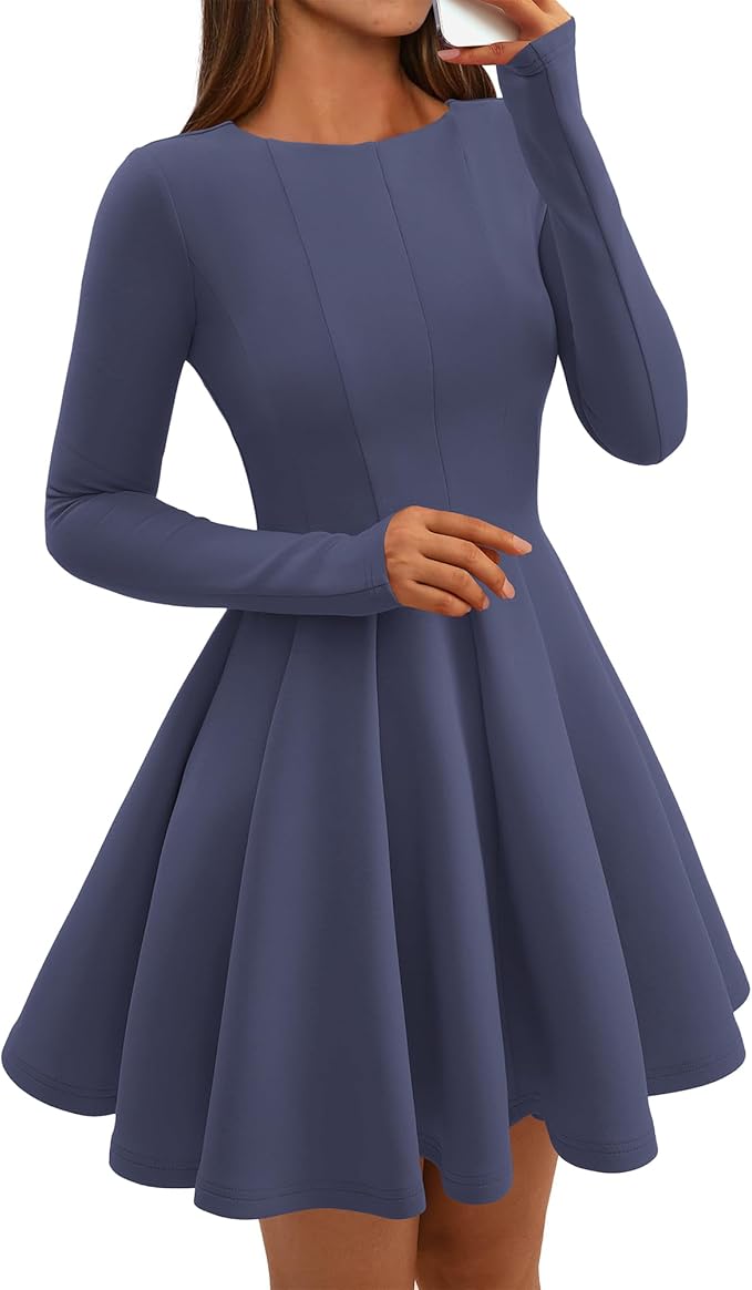 Grey Blue High Waist Pleated Dress RO40