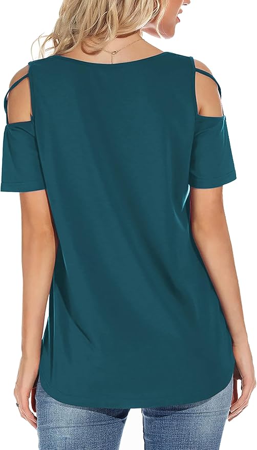 Women's Short Sleeve Cold Shoudler Tops RO47 - Image 2