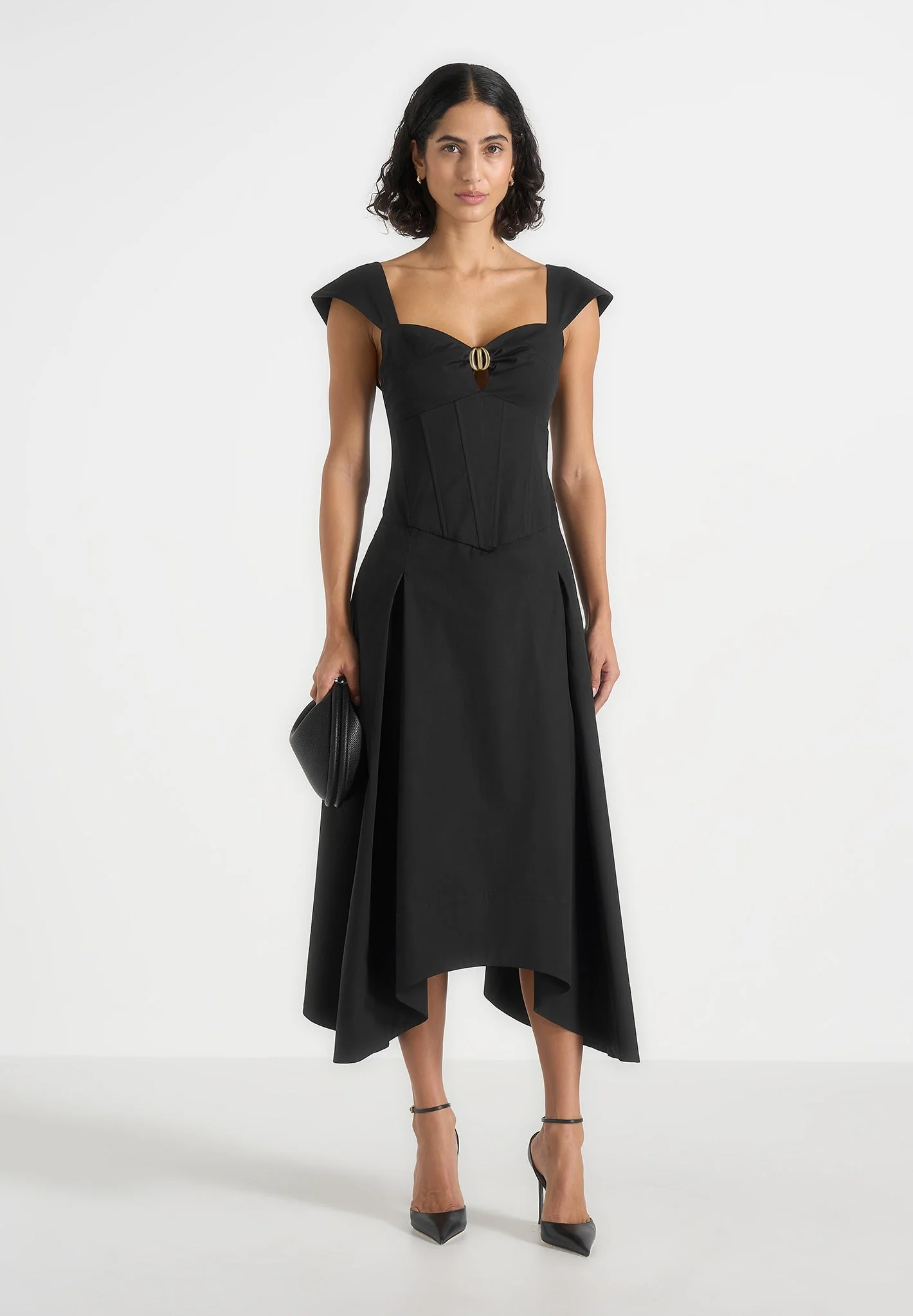 Black Cap Sleeve Corset Cotton Midi Dress RO85 - Image 2