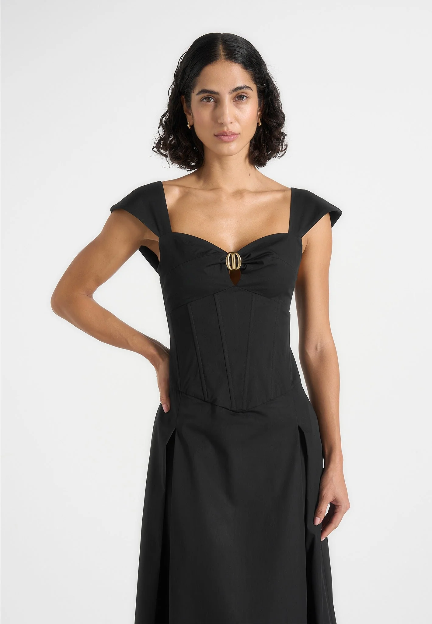 Black Cap Sleeve Corset Cotton Midi Dress RO85