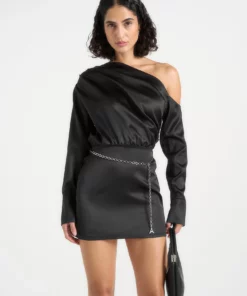 Black Off Shoulder Draped Satin Dress RO72