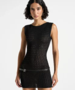 Black Pointelle Mini Dress With Belt RO75