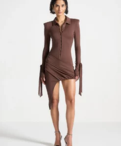 Brown Draped Asymmetric Mini Dress RO77