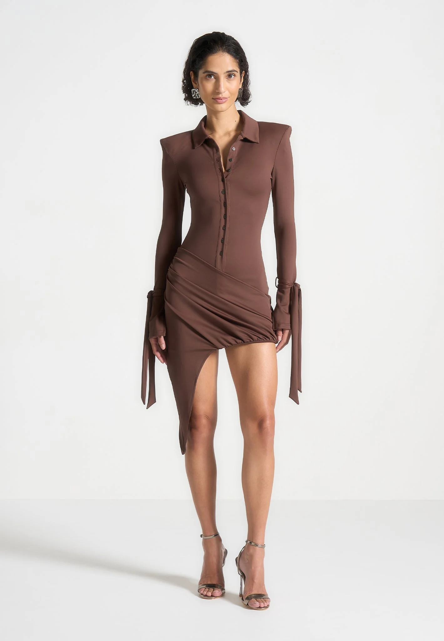 Brown Draped Asymmetric Mini Dress RO77