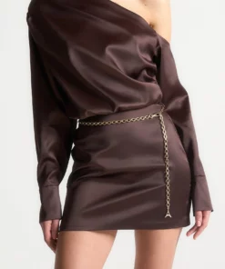 Brown Off Shoulder Draped Satin Dress RO71