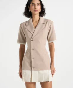 Casual Tailored Cinch Waist Pleated Blazer Dress RO80