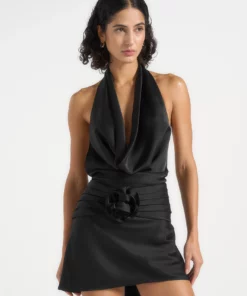 Cowl Halter Open Back Rosette Mini Dress RO68