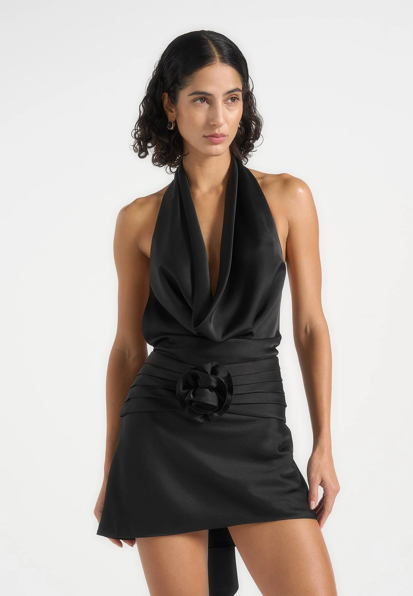 Cowl Halter Open Back Rosette Mini Dress RO68