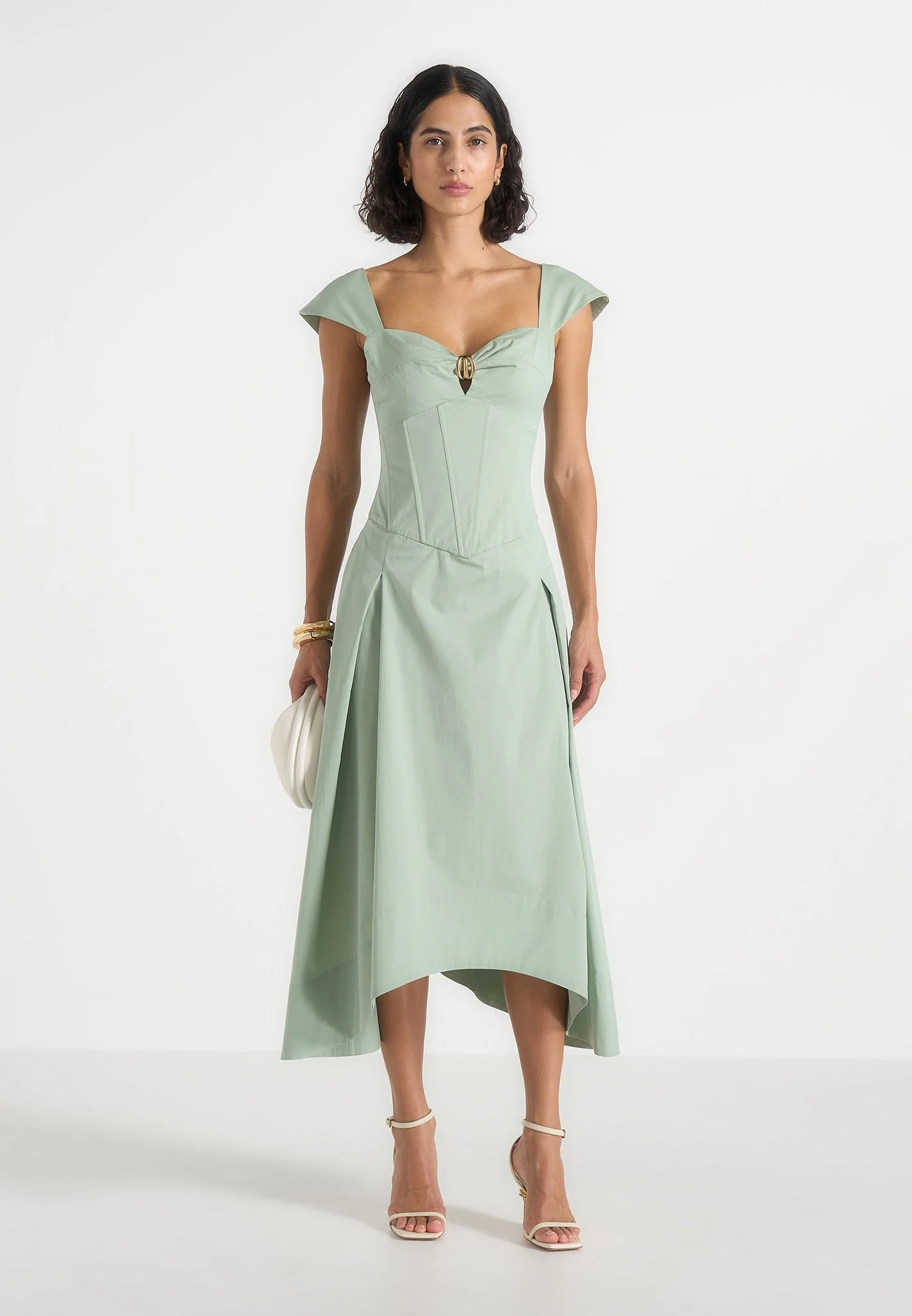 Green Cap Sleeve Corset Cotton Midi Dress RO84 - Image 2