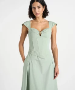Green Cap Sleeve Corset Cotton Midi Dress RO84