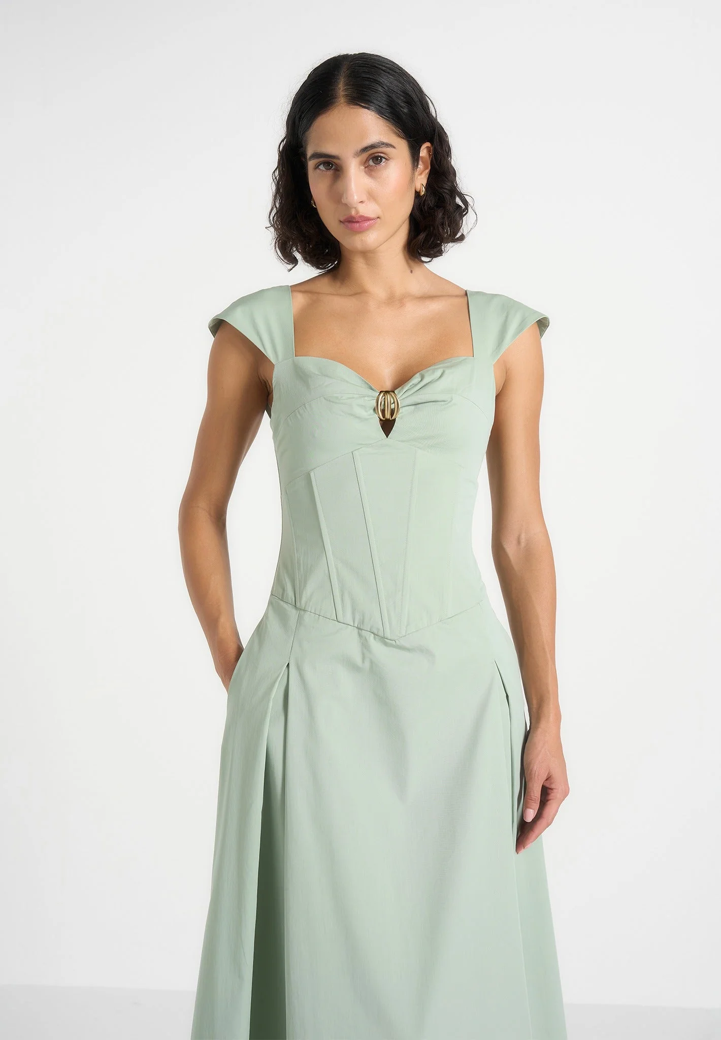 Green Cap Sleeve Corset Cotton Midi Dress RO84