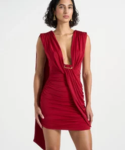 Ruched Open Back Mini Dress With Scarf RO69