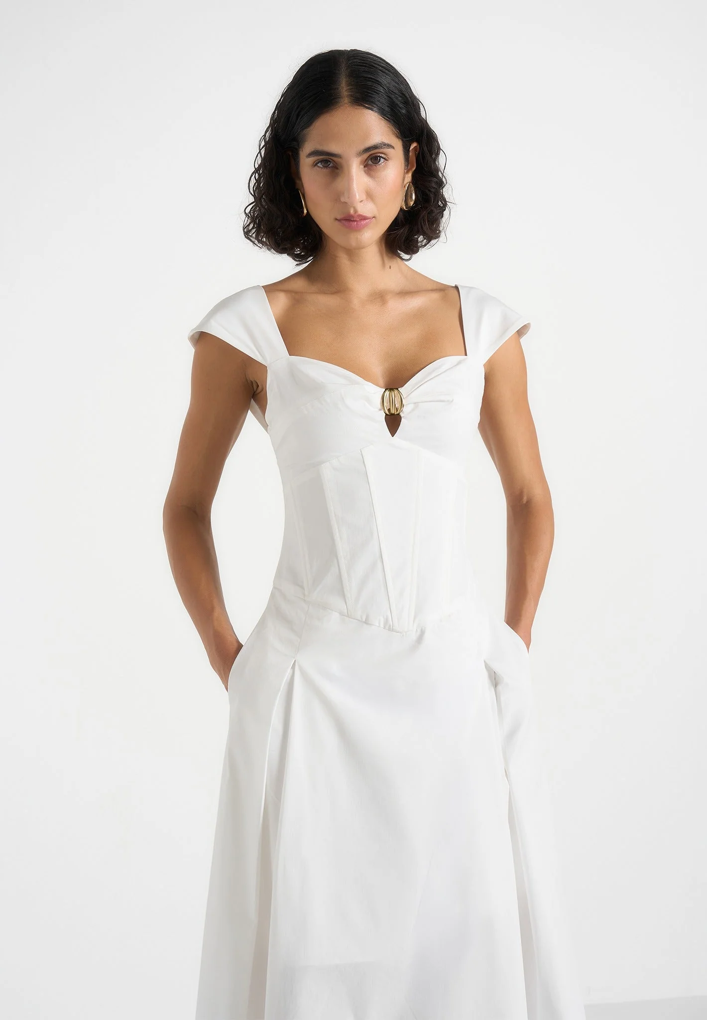 White Corset Cotton Midi Dress RO83