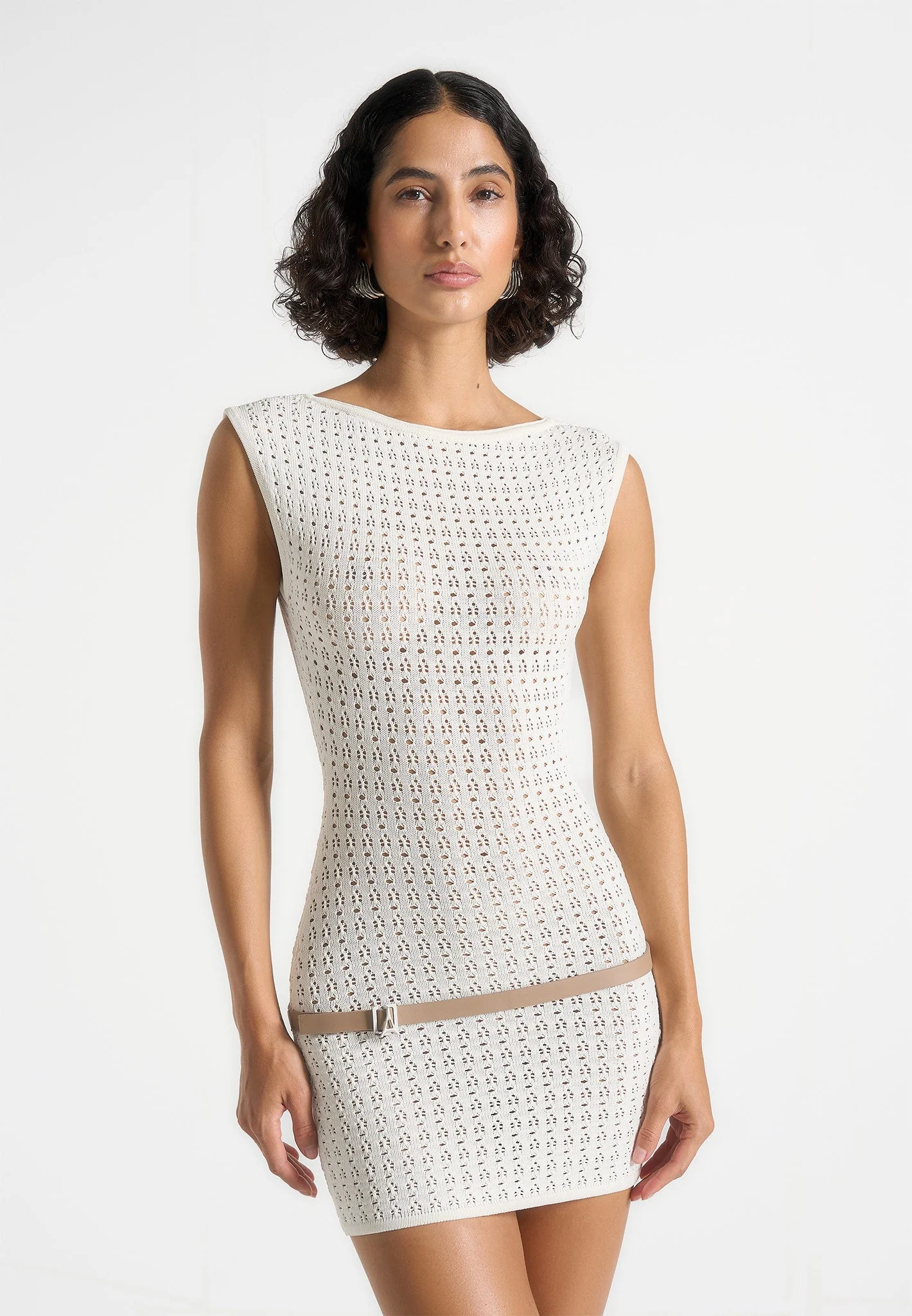 White Pointelle Mini Dress With Belt RO76