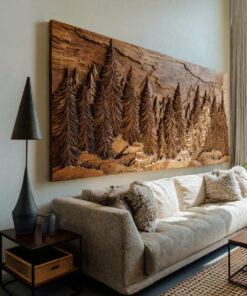 Hand Carved Wall Art With Forest Landscape For Living Room