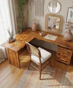 Modern L Shaped Wood Desk With Drawers For Home Office Or Vanity