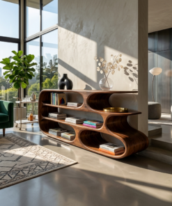 Modern Bookshelf With Sculptural Curves For Living Room Interior