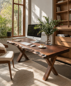 Live Edge Wooden Desk With X Legs For Rustic Home Office Or Studio
