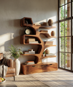 Contemporary Wooden Bookshelf Sculpted Design For Living Space