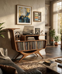 Modern Wooden Record Player Stand With Open Frame For Living