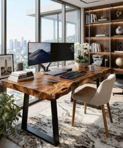 Modern Live Edge Wooden Desk With Metal Legs For Home Office Or Studio