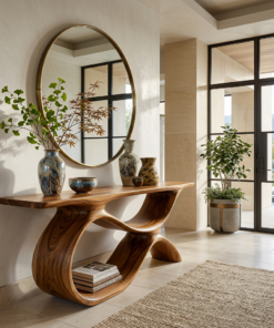 Modern Wooden Console Table With Curved Open Storage For Home
