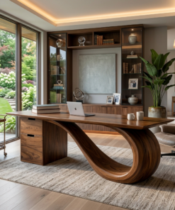 Modern Wooden Desk With Curved Base For Office