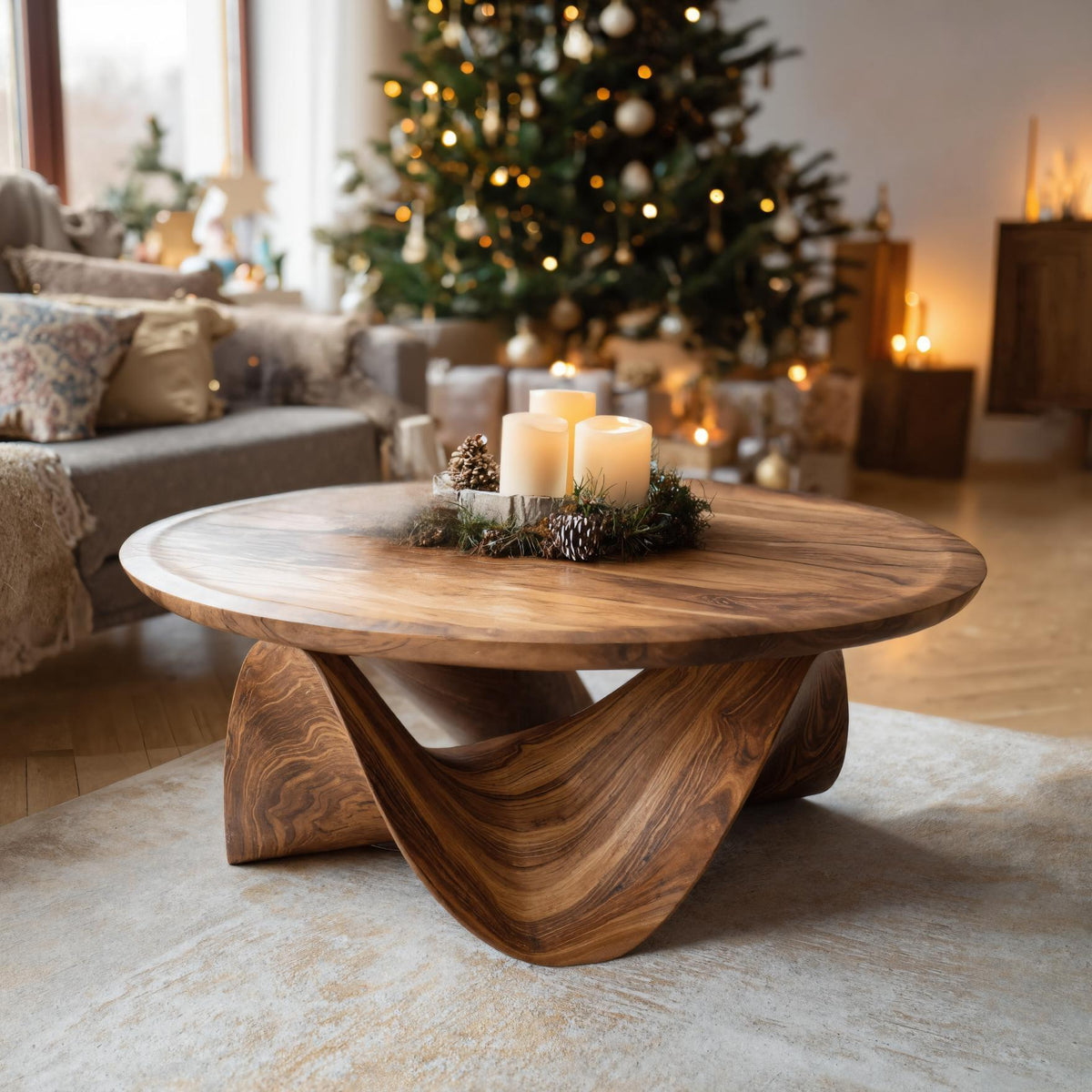 Round solid wood coffee table with a sculptural carved base