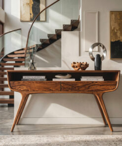 Mid Century Curved Console Table With Drawers For Entryway