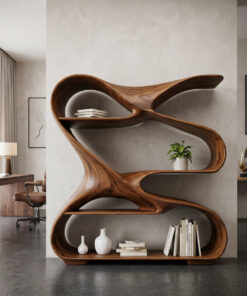 Modern Sculptural Wooden Bookshelf For Living Room Or Office Display