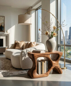 Minimalist Sculptural Wood Side Table With Organic Shape And Storage For Modern Living Room