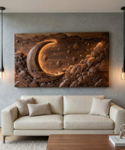 Hand Carved Wall Art Moon And Stars Panel With LED For Bedroom