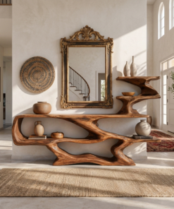 Modern Sculptural Wooden Console Table With Open Shelves For Interior