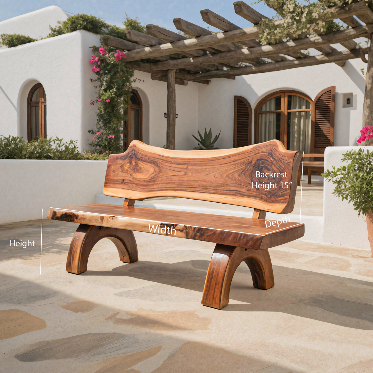 Rustic Live Edge Bench With Backrest For Patio Garden Courtyard - Image 8