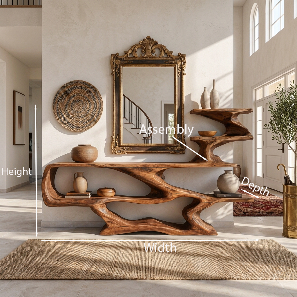 Modern Sculptural Wooden Console Table With Open Shelves For Interior - Image 8