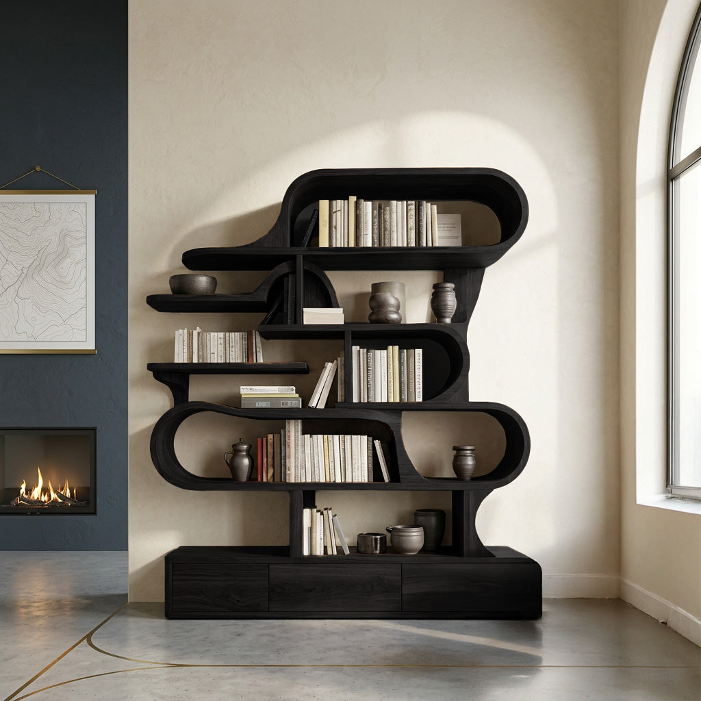 Modern Sculptural Bookshelf With Curved Design For Living Room Or Office - Image 4