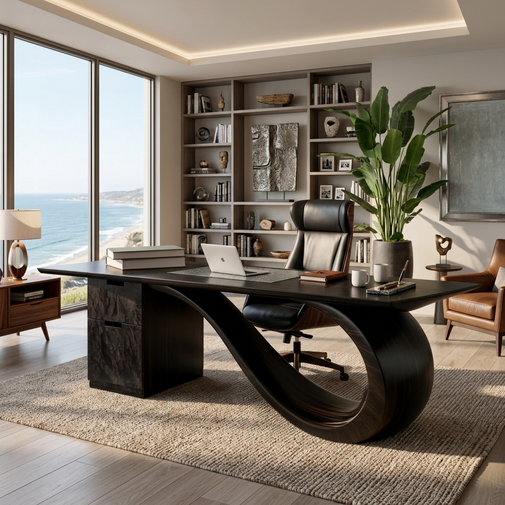 Modern Wooden Desk With Curved Base For Office - Image 4