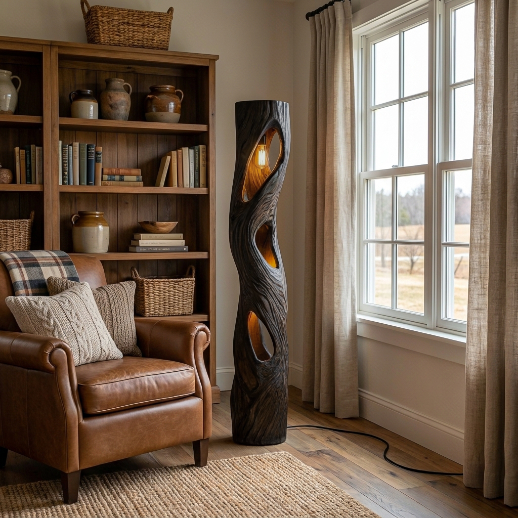 Rustic Sculptural Wooden Floor Lamp For Home Decor - Image 4