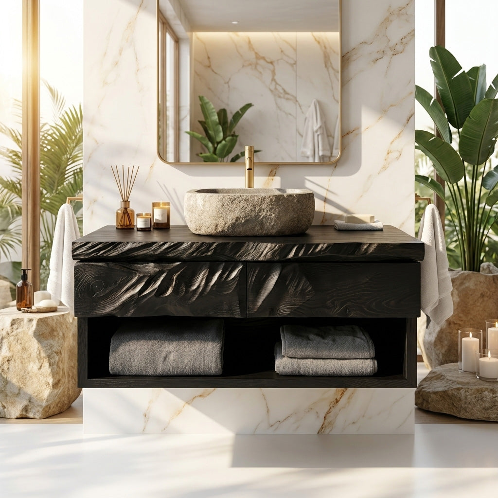 Modern Organic Floating Wooden Bathroom Vanity For Bathroom - Image 4