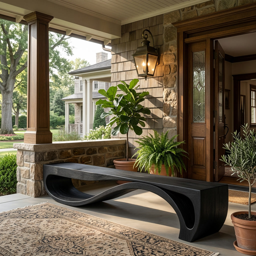 Sculptural Bench With Wave Design For Entryway - Image 4