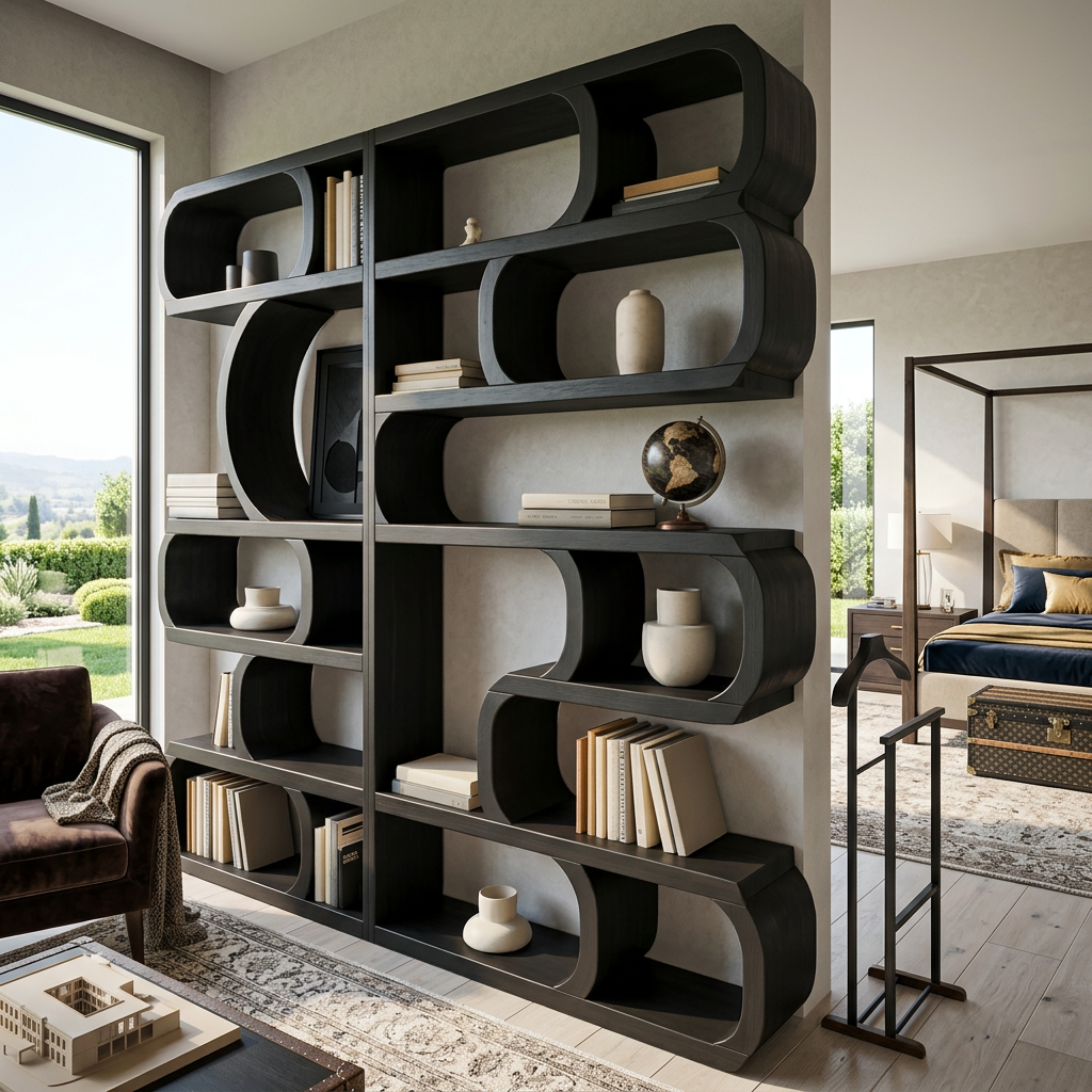 Modern Sculptural Bookshelf With Symmetrical Curves For Living Room Or Office - Image 4