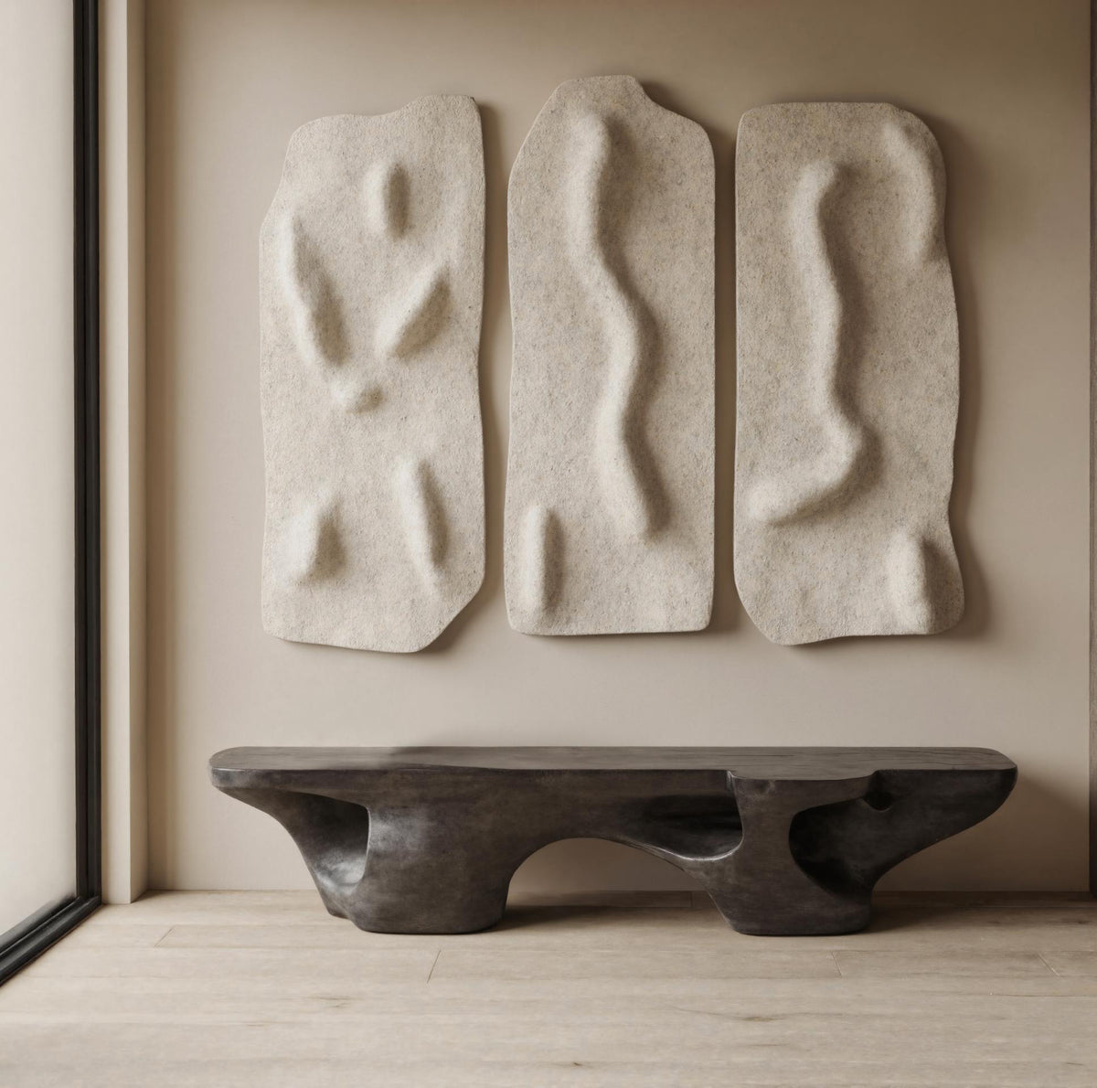 Contemporary Sculptural Bench With Carved Design For Living Room - Image 4