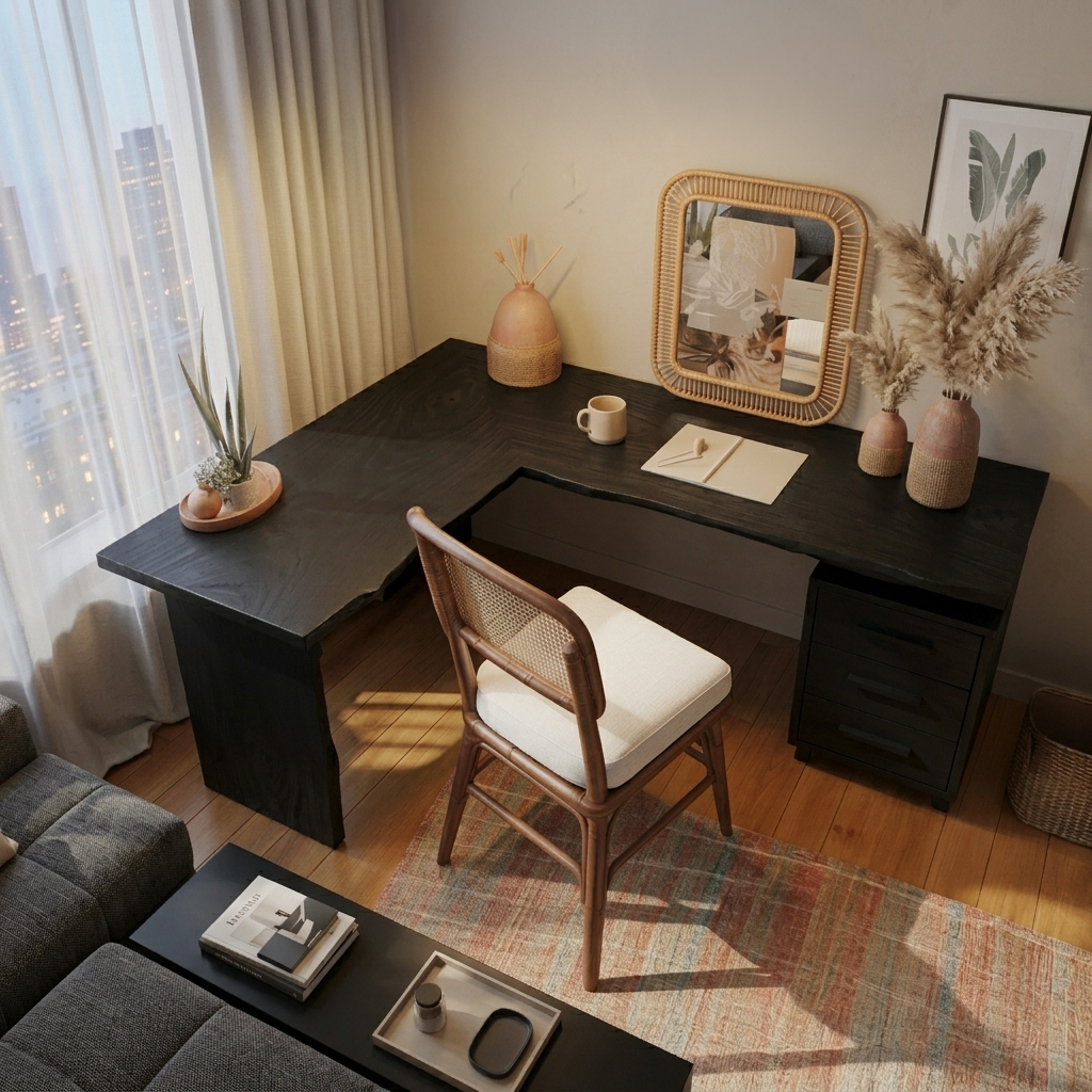 Modern L Shaped Wood Desk With Drawers For Home Office Or Vanity - Image 4