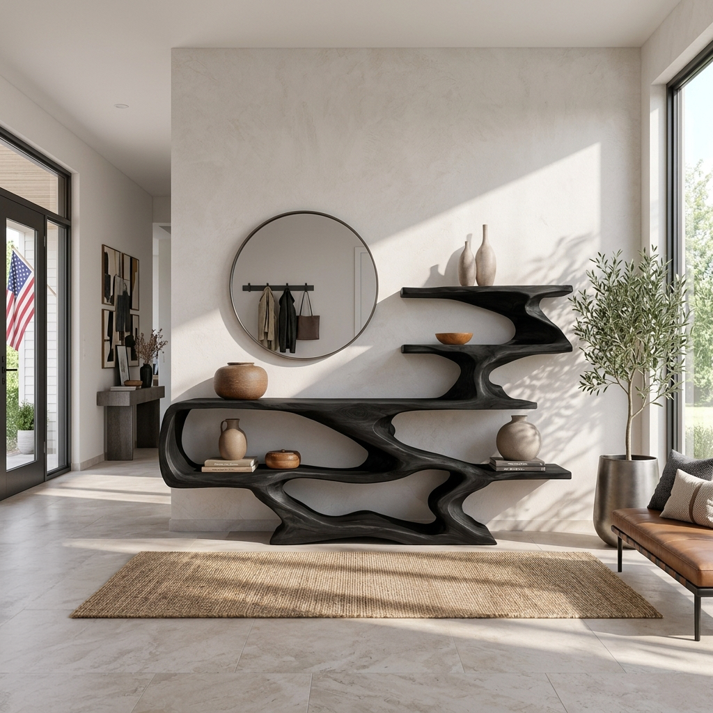 Modern Sculptural Wooden Console Table With Open Shelves For Interior - Image 4