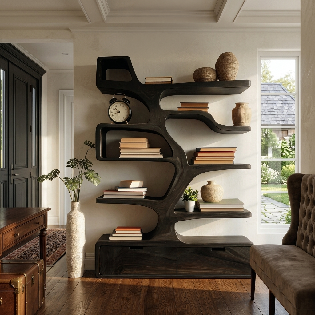 Contemporary Wooden Bookshelf Sculpted Design For Living Space - Image 4
